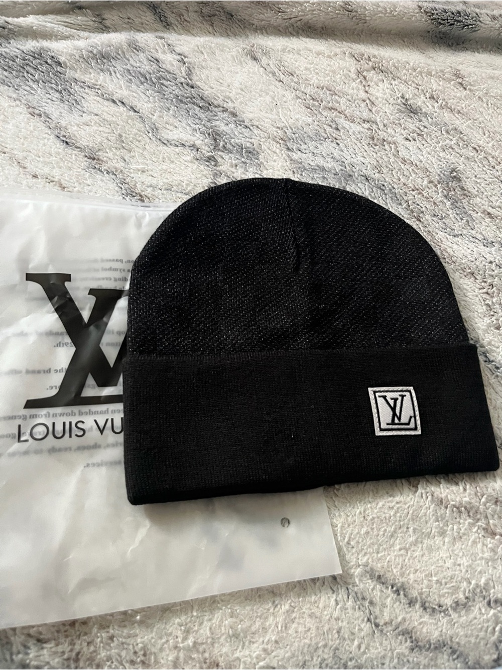 Louis Vuitton Black Logo Patch Cuff Beanie